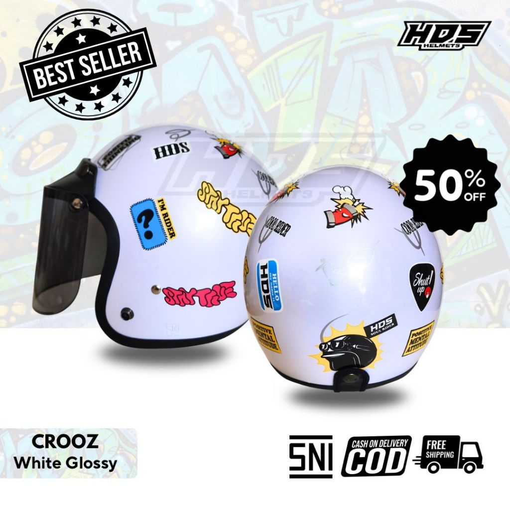 Helm Bogo Classic Dewasa HDS Helmet Putih Motif Crooz Krooz Retro SNI COWOK CEWEK HIJAB