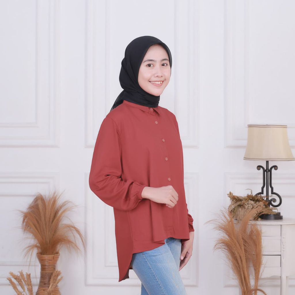 Kemeja Rayon twill Blus Rayon twill wanita kasual lengan panjang