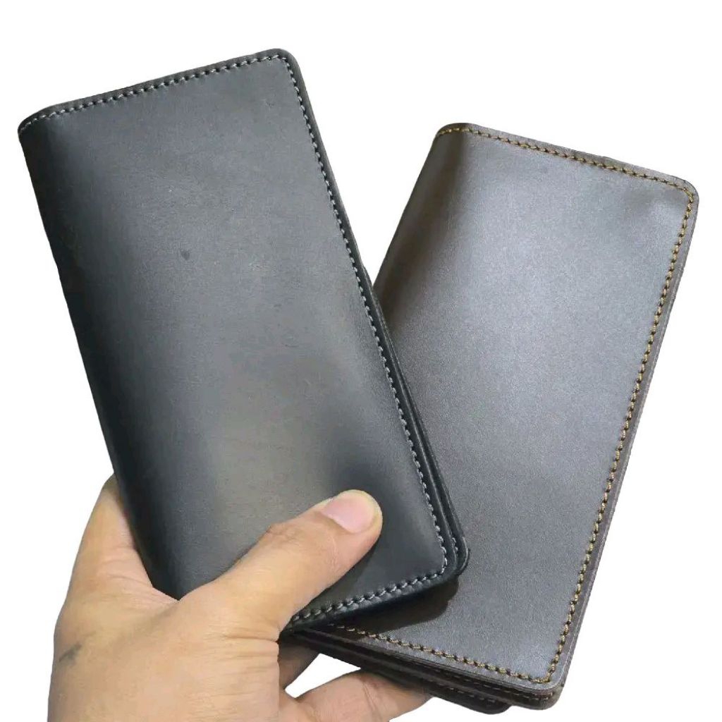 Dompet kulit asli sapi panjang tipis muat HP tipe bifold tanpa lidah
