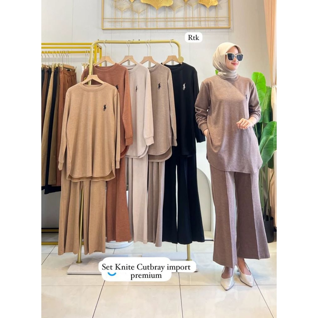 New#A096K - Set Wanita Kekinian Terbaru Import Premium - 2in1 Atasan Polo Bordir + Celana Cutbray On