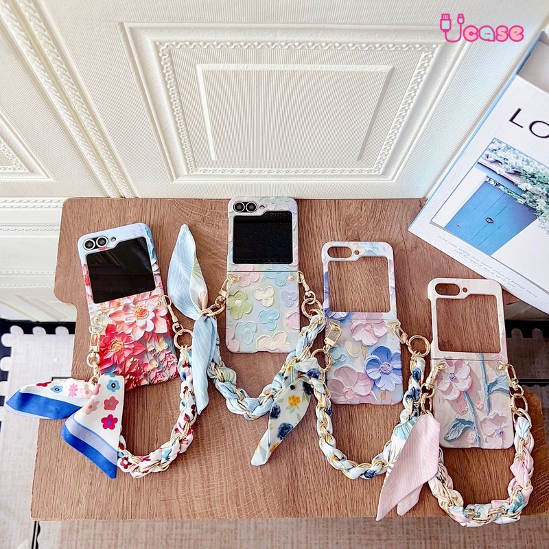 UCase | Pretty Crystal Flower Case for Z Flip 7 6 5 4 3 N Flip 2 3 With Elegant Scarf Chain | Blosso