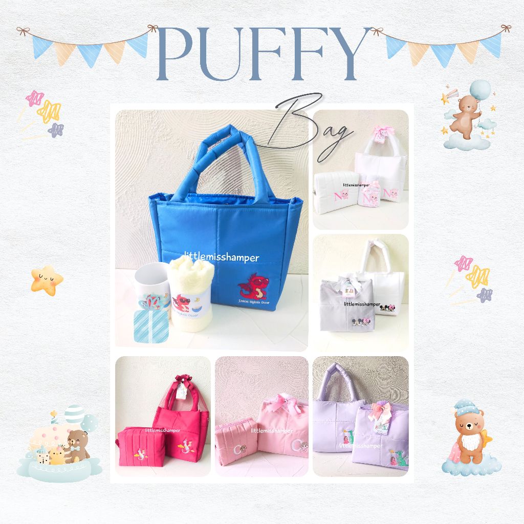 

Custom tas puffy bordir cute hampers goodie bag one month baby celebration puff bag kawaii
