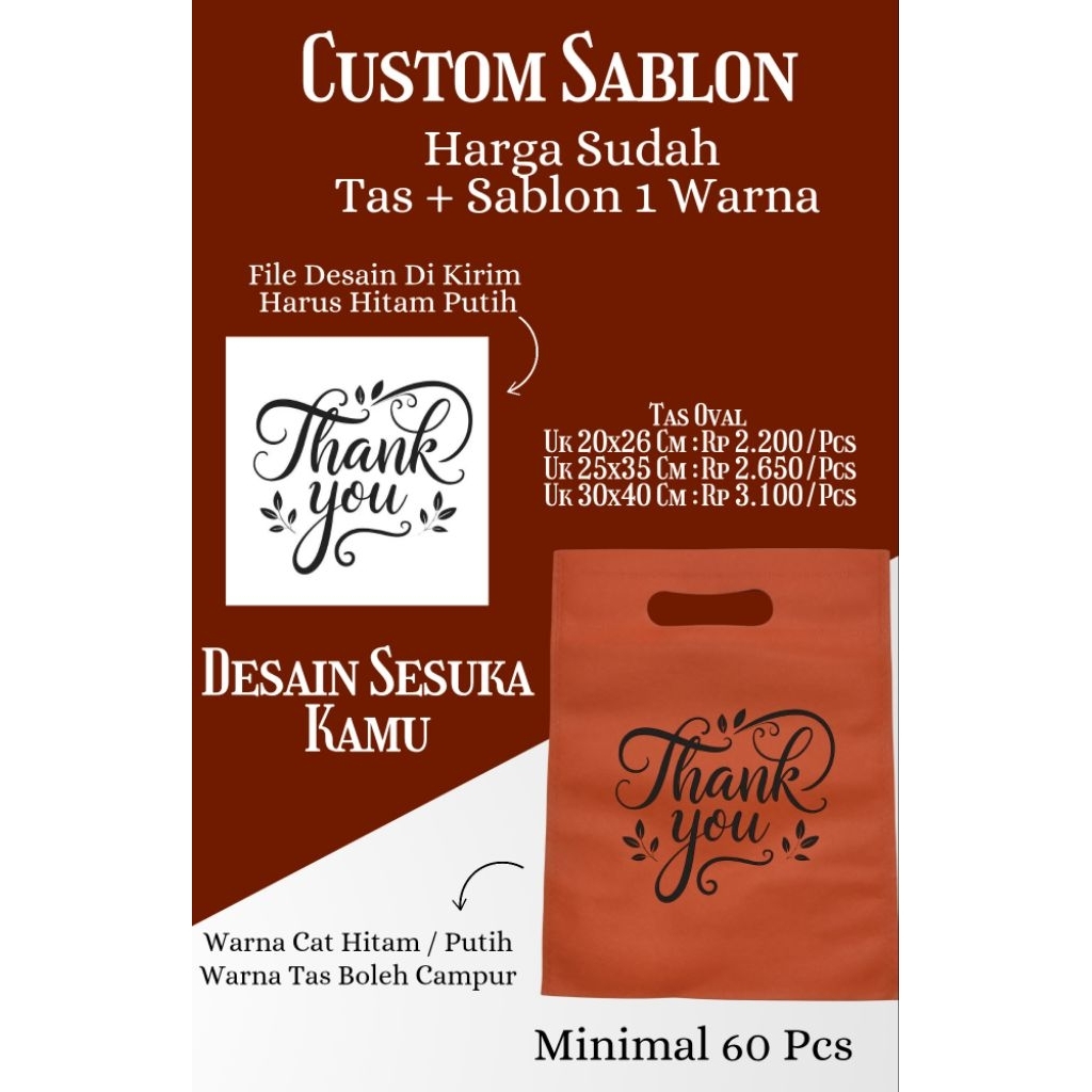 

tas spundbond Oval 20x25cm,25x35cm,30x40cm+ sablon 1warna,1sisi ,(MINIMAL SABLON 60PCS)Tas Spunbond Sablon, tas custom sablon tas Spunbond Custom,Tas Kain Belanja Sablon,Tas Souvenir,Tas Promosi,Tas promosi Toko,Tas souvenir Pernikahan, Tas Seminar,