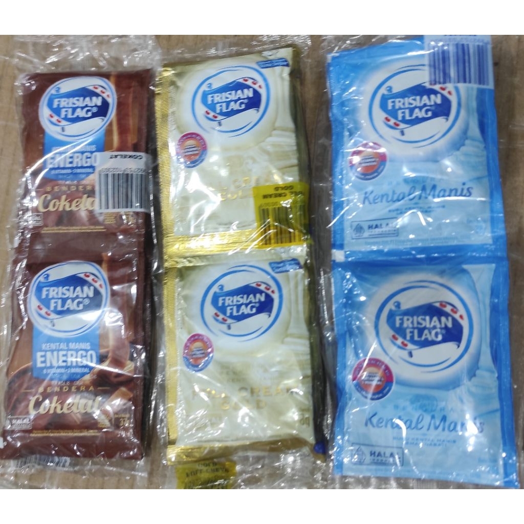 

Frisian Flag kental manis renceng 38grx6s Gold / Vanilla / Coklat