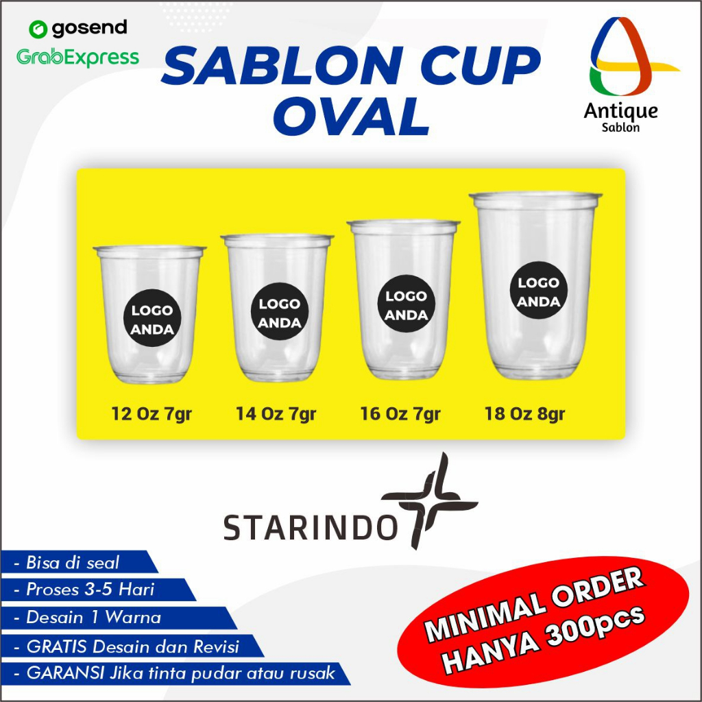 (KURIR SAMEDAY) Sablon Cup Oval STARINDO Gelas Packaging Plastik PP Custom 12 Oz, 14 Oz, 16 Oz, 18 O