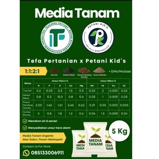 Media Tanam 100% Organik Top Soil & Kompos Sekam Bakar Humus Bambu Pupuk Domba Em4 Molase Cocok Buah