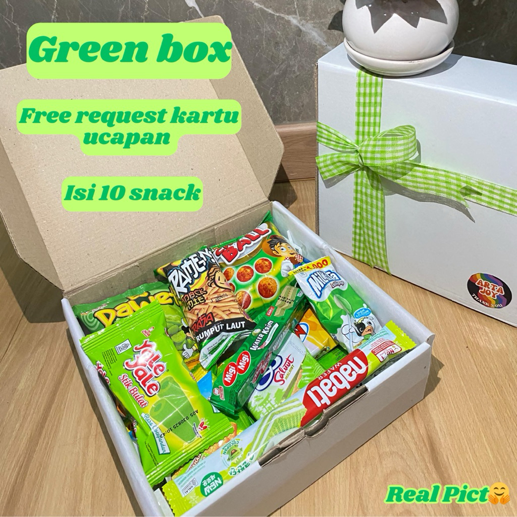 

Snack Hampers / Gift Box / Gift Box Snack / Hampers Snack Box / Bingkisan Snack / Gift Snack Box / Kado Ulang Tahun / Haidah Ulang Tahun / Hampers Snack Hijau by ArtaJoy