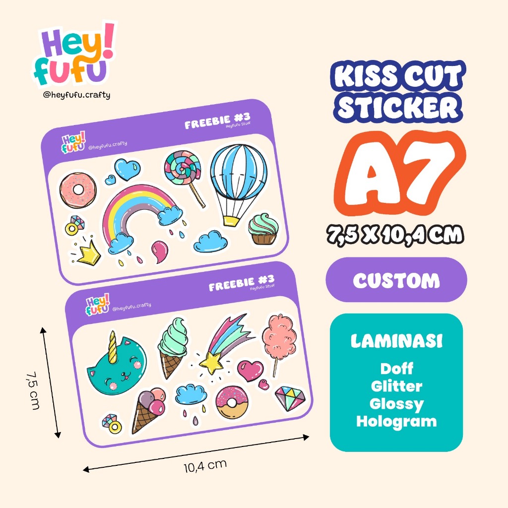 

Cutting Sticker (A7 / 10x7.5cm) + Custom Print | Cetak Stiker Sheet Vinyl Kiss Cut