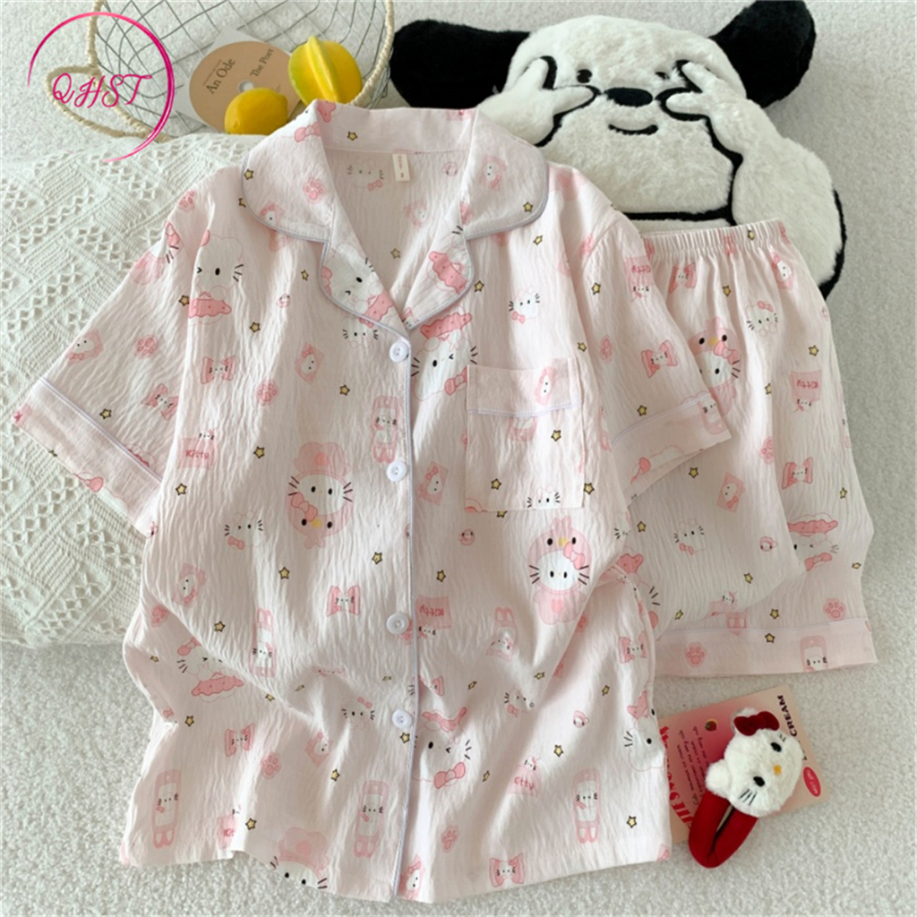 QHST Piyama Set Wanita Satin Kucing KT Merah Celana Pendek Lengan Pendek Baju Tidur Import