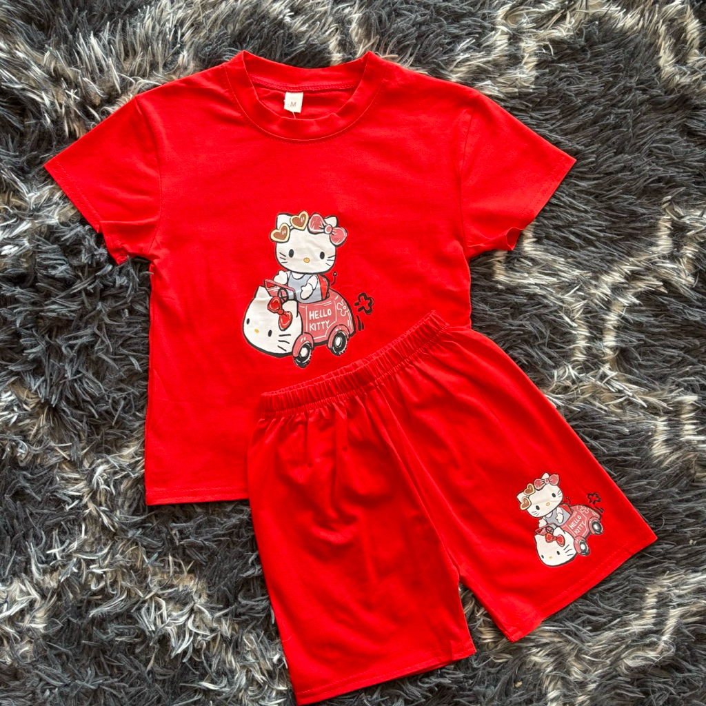 Setelan Baju Anak Perempuan Kaos & Celana Pendek Motif Hello Kitty (Tersedia Merah, Pink & Oren)