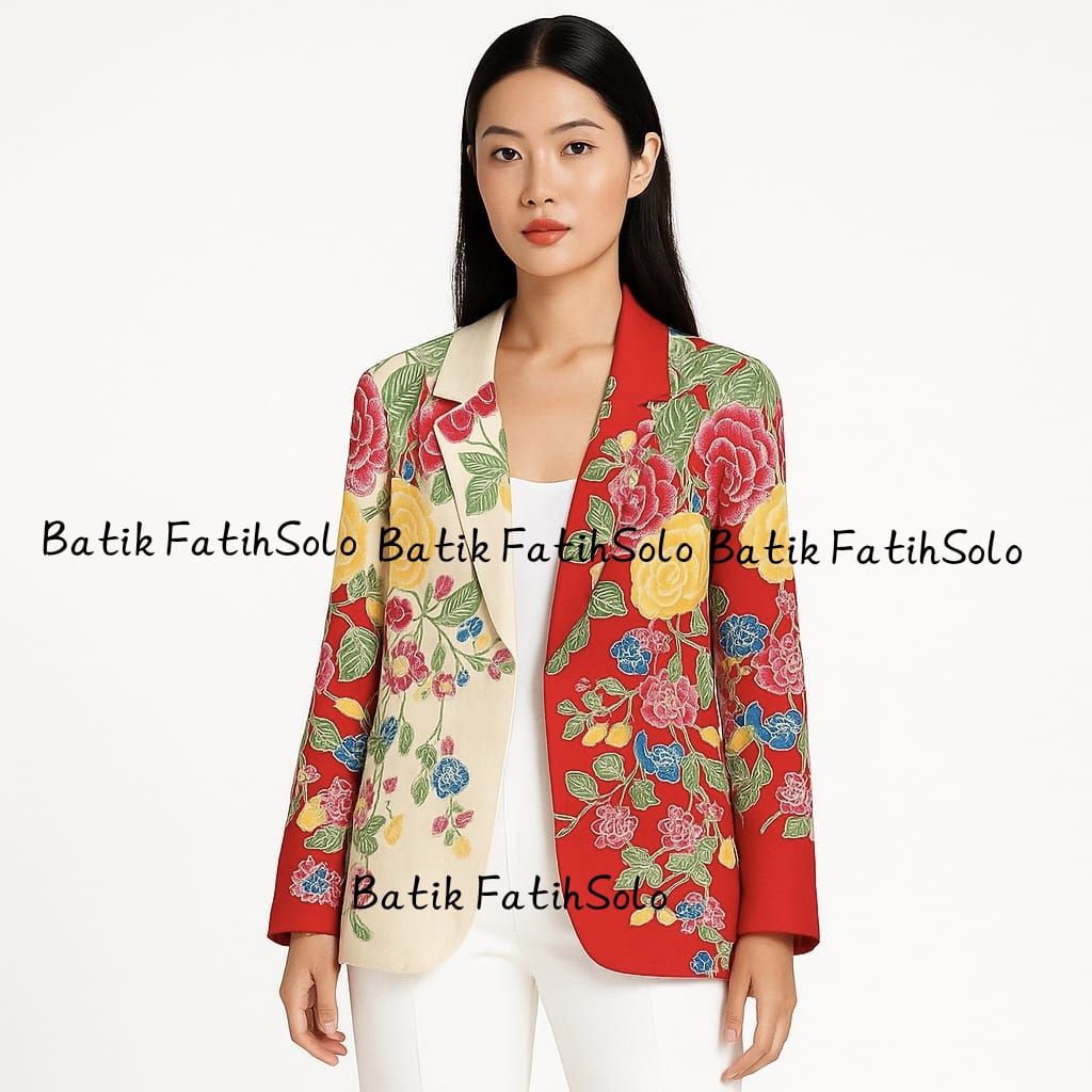 Outer Blazer Atasan Wanita Merah Putih Lapisan Furing Trikot Batik Solo