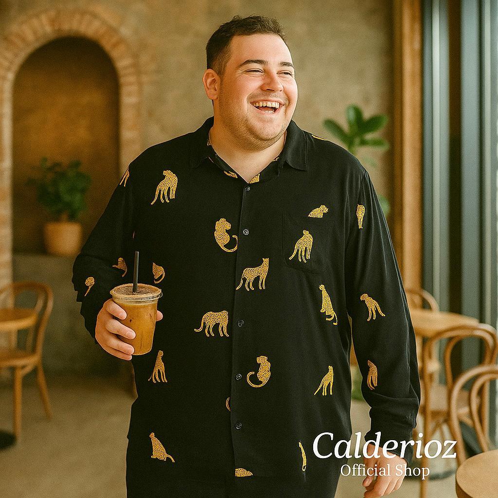 Calderioz - Kemeja Hawai Premium Black Tiger Lengan Panjang Pria Wanita Casual Oversize