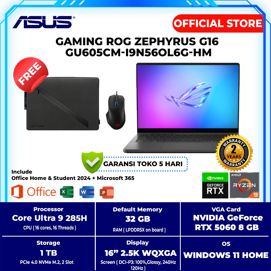 ASUS GAMING ROG ZEPHYRUS G16 GU605CM-I9N56OL6G-HM INTEL CORE ULTRA 9-285H 32GB 1TB RTX 5060 8GB GDDR