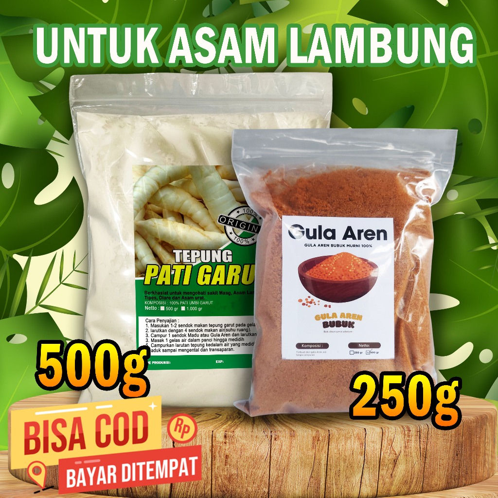 

TEPUNG GARUT UNTUK ASAM LAMBUNG 500gram + GULA AREN 250 gram, Kualitas Premium.