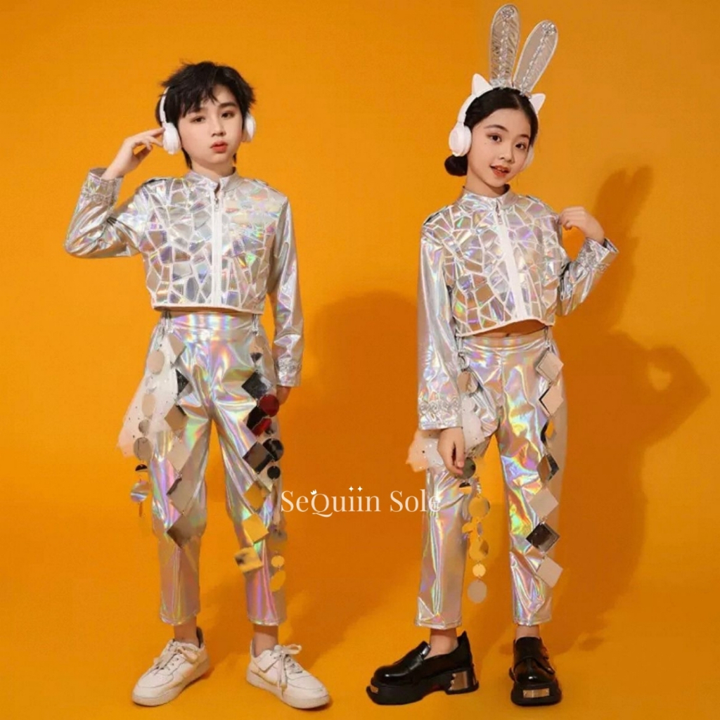 Sequiin Sole Silver Metalic Set Kids Dance Costume/Set Baju Dance Anak Hip Hop Metalik