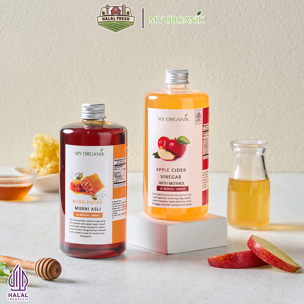 

My Organik Paket 2 in 1 Cuka apel with mother organik Apple Vinegar with Mother Organic Madu 500ml