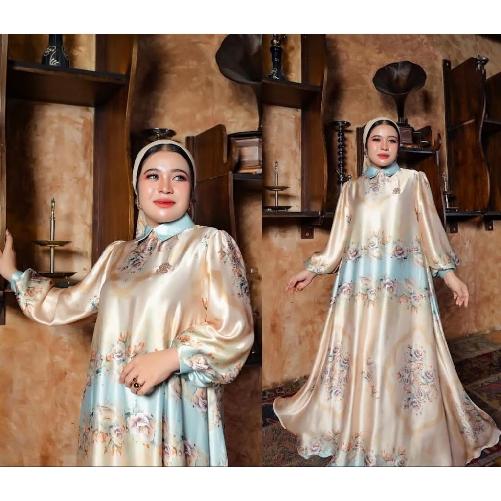 Gamis Shella Saukia Ori Premium – Bahan Silk Adem Motif Bunga Elegan Cocok Acara Spesial