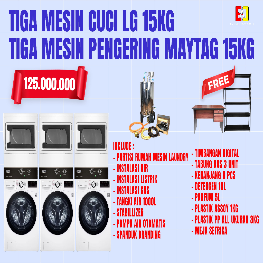Paket Usaha Laundry 3 Unit Mesin Cuci LG 15 Kg & 3 Unit Mesin Pengering Maytag 15 dan Bioler 10 Lite
