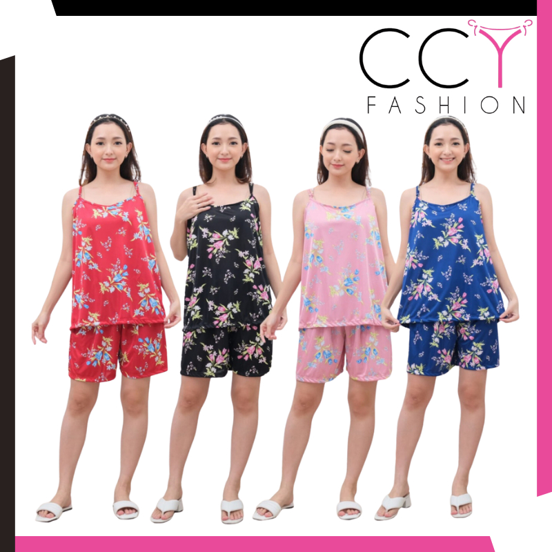 CCY FASHION Set Baju + Celana Motif Bunga Pakaian Tidur Santai Wanita Satin