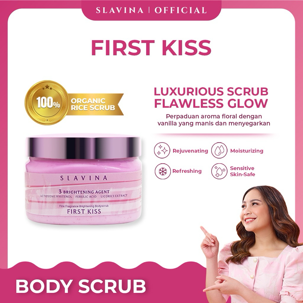 SLAVINA Organic Rice Body Scrub First Kiss | scrub badan untuk menghilangkan bekas luka Mencerahkan 