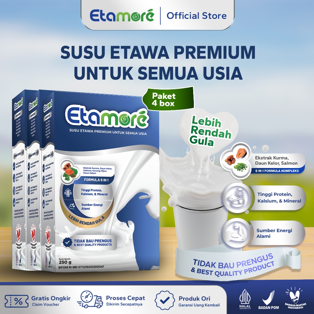 

Etamore 3 Box - Susu Kambing Etawa - Etawa Goat Milk Rendah Gula Mengandung Daun Kelor Salmon Kurma Membantu Mengatasi Asam Urat Nyeri Sendi Osteoporosis Kebas Keram Kesemutan Pengeroposan Tulang Lansia Pegel Linu Radang Asma Syaraf Kejepit Diabetes