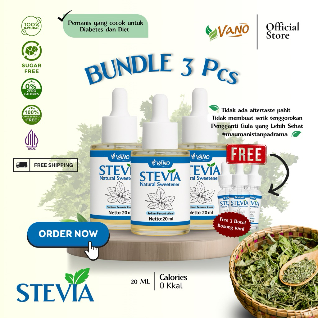 

[ BUNDLE 3 PCS 20ml ] Vano Stevia Pemanis Alami - 0 Kalori Natural Sweetener