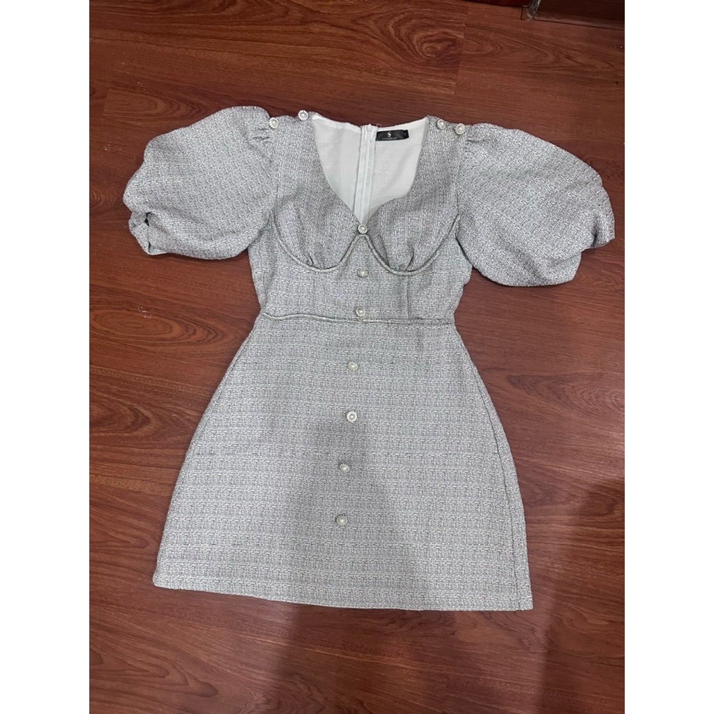 S’GORGEOUS Greyish Blue Tweed Dress / Puffy Sleeves Mini Dress / Premium Party Dress / Gaun Wanita