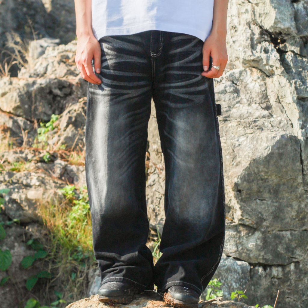 Carpenter Jeans Washed - Baggy Jeans Pria Black Wishker