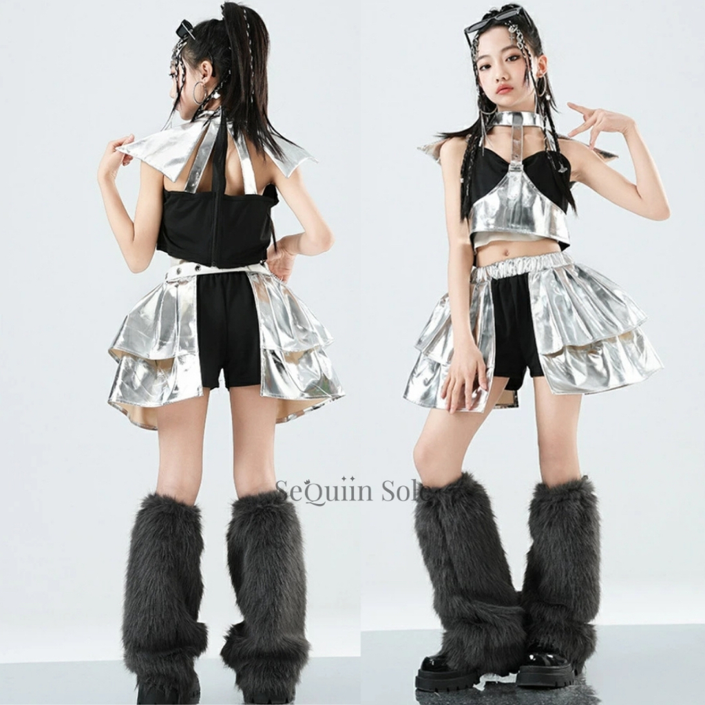 Sequiin Sole Metalic Set Kids Dance Costume/Set Baju Dance Anak Hip Hop/Kpop Silver Black