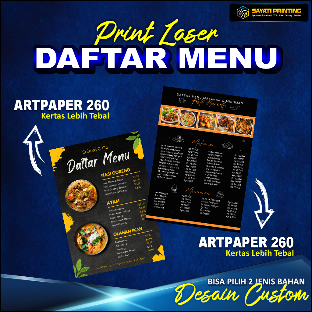 

Sayati Printing CETAK DAFTAR MENU bisa riquest desain (MENU MAKANAN/MINUMAN/CAFE/RESTO/WARNAS/Dll)