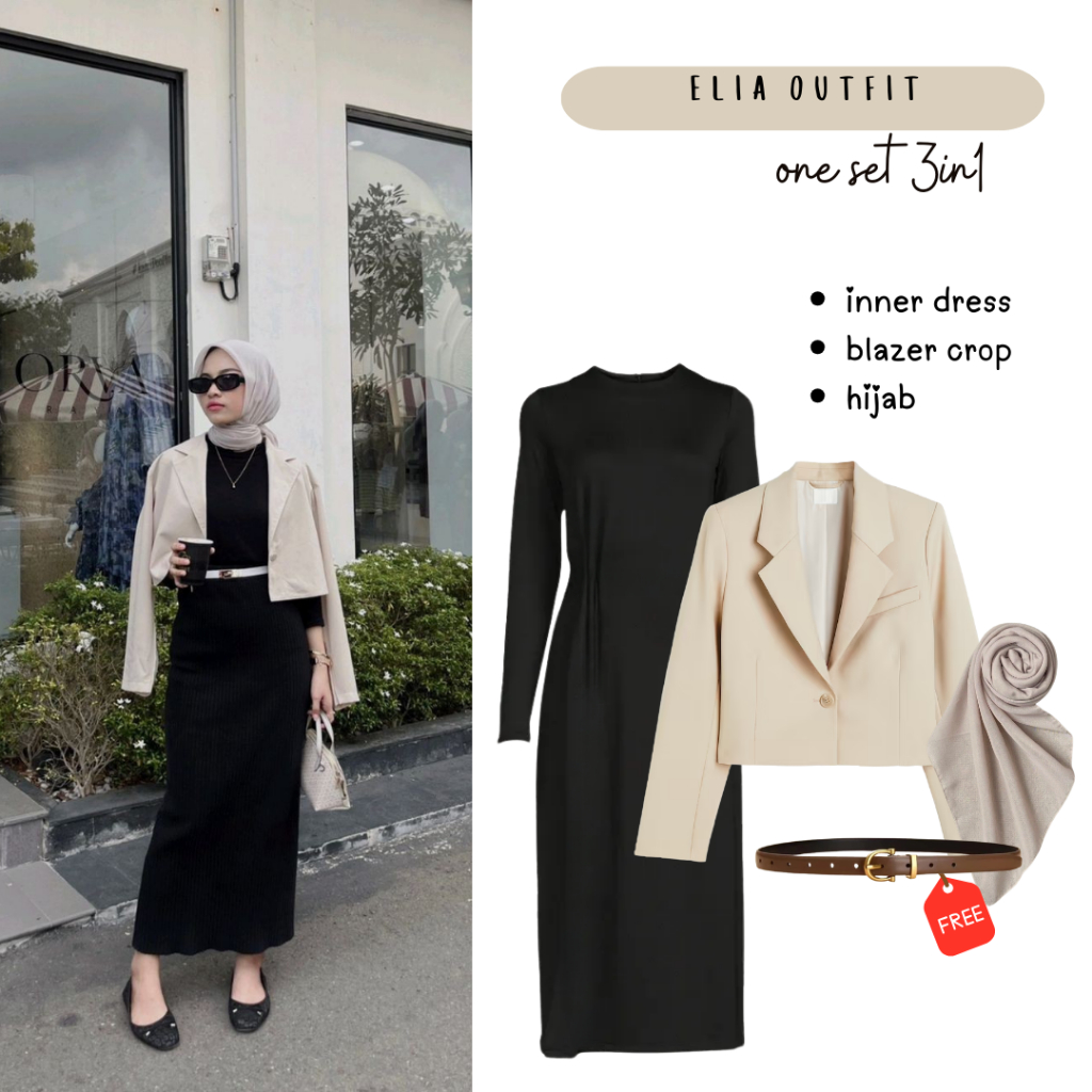 One Set Outfit Korean Style | Blazer Crop Cream, Inner Dress Hitam, Hijab Polycotton Ivory - FC26