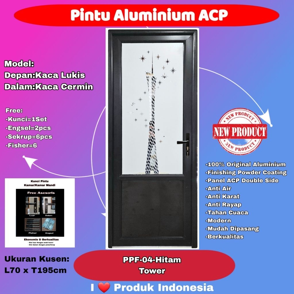 Pintu Kamar Mandi Aluminium-Happy Door-PPF 04-3/4 Kaca Lukis Tower-Kaca Cermin Dalam-Hitam