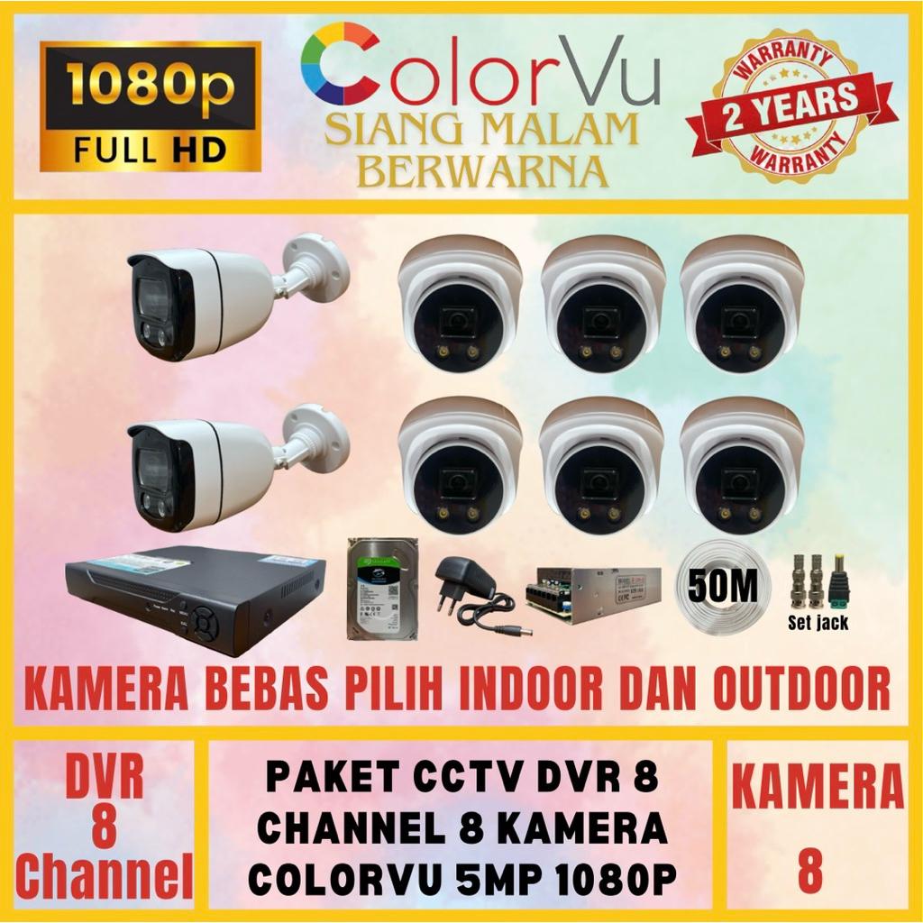 PAKET CCTV DVR 8 CHANNEL 8 KAMERA 5MP COLORVU TURBO HD 1080P AUDIO, NON-AUDIO LENGKAP