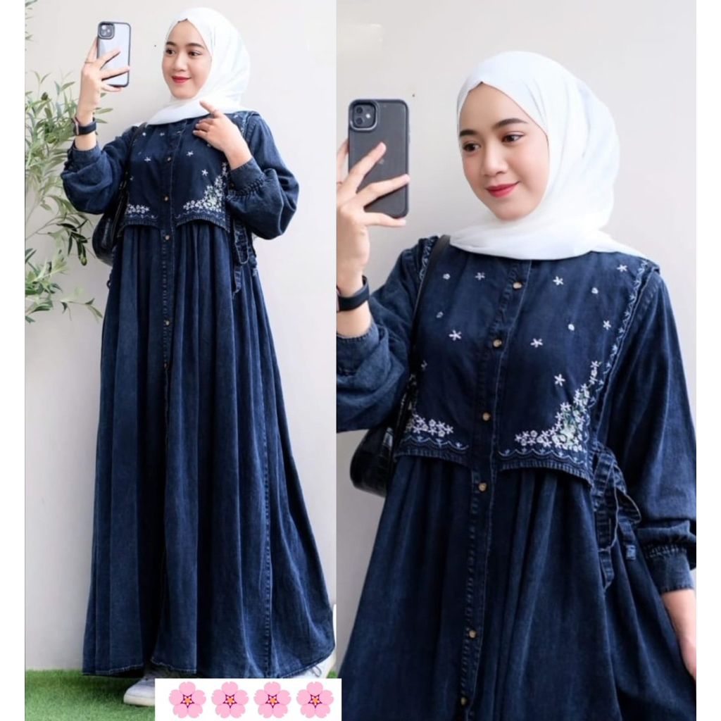 Gamis Wanita Terbaru Bahan Soft Jeans Washed Premium Variasi Rompi Bordir Mewah Daily Outfit Kekinia