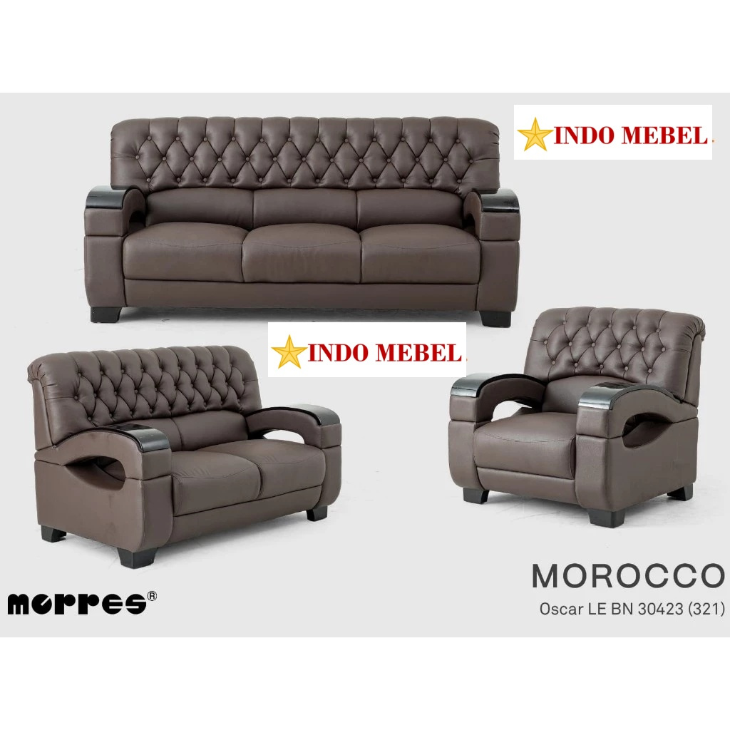 Sofa Kursi Tamu Morres Morocco 321 Tangan Kayu Kulit MEWAH ( BEST QUALITY ) Promo Murah Ready Makass