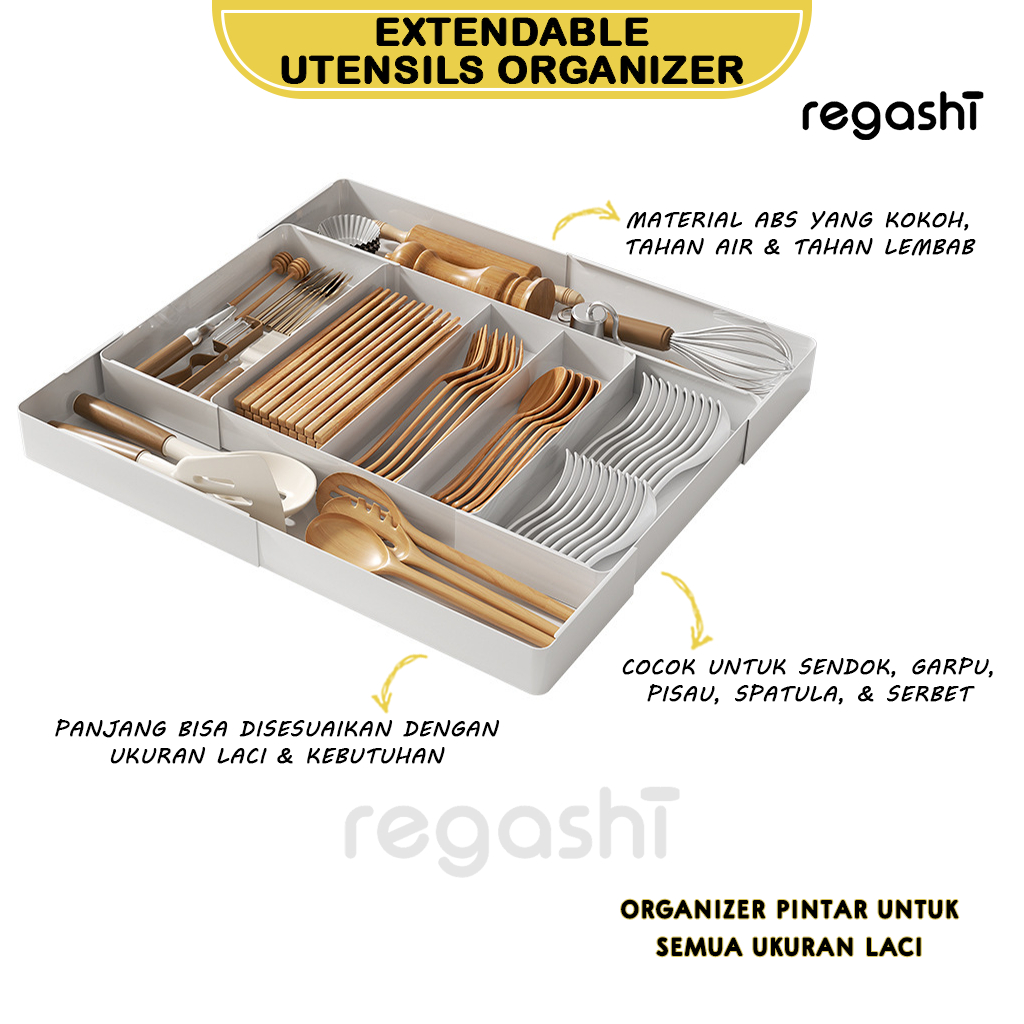 Regashi Extendable Utensils Organizer | Rak Laci Sekat Serbaguna | Penyimpanan Alat Makan Make-Up Al