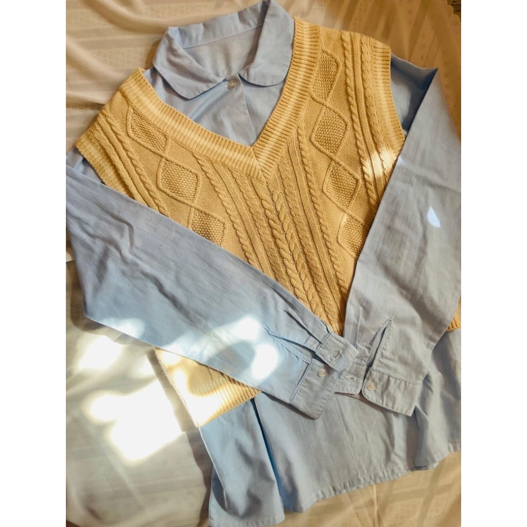 preloved one set vest knit kemeja denim
