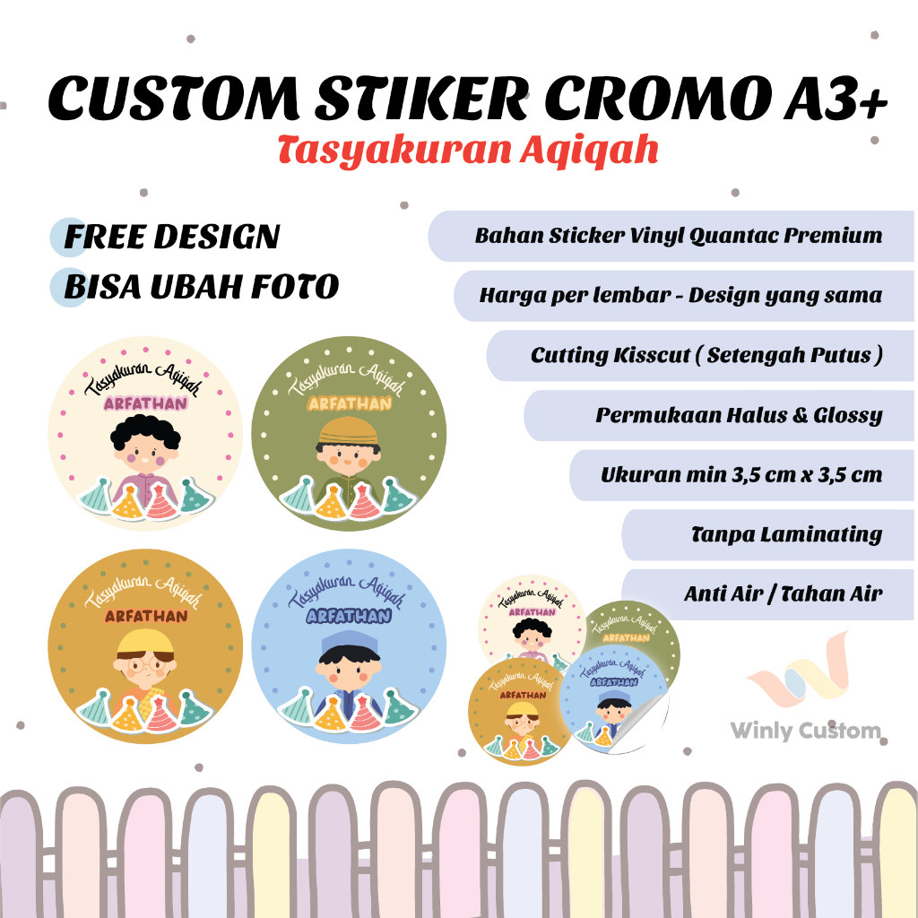 

Cetak Stiker Aqiqah Tasyakuran Edition Cromo Logo Label Makanan Custom Chromo A3+ | Print Sticker Jualan Makanan