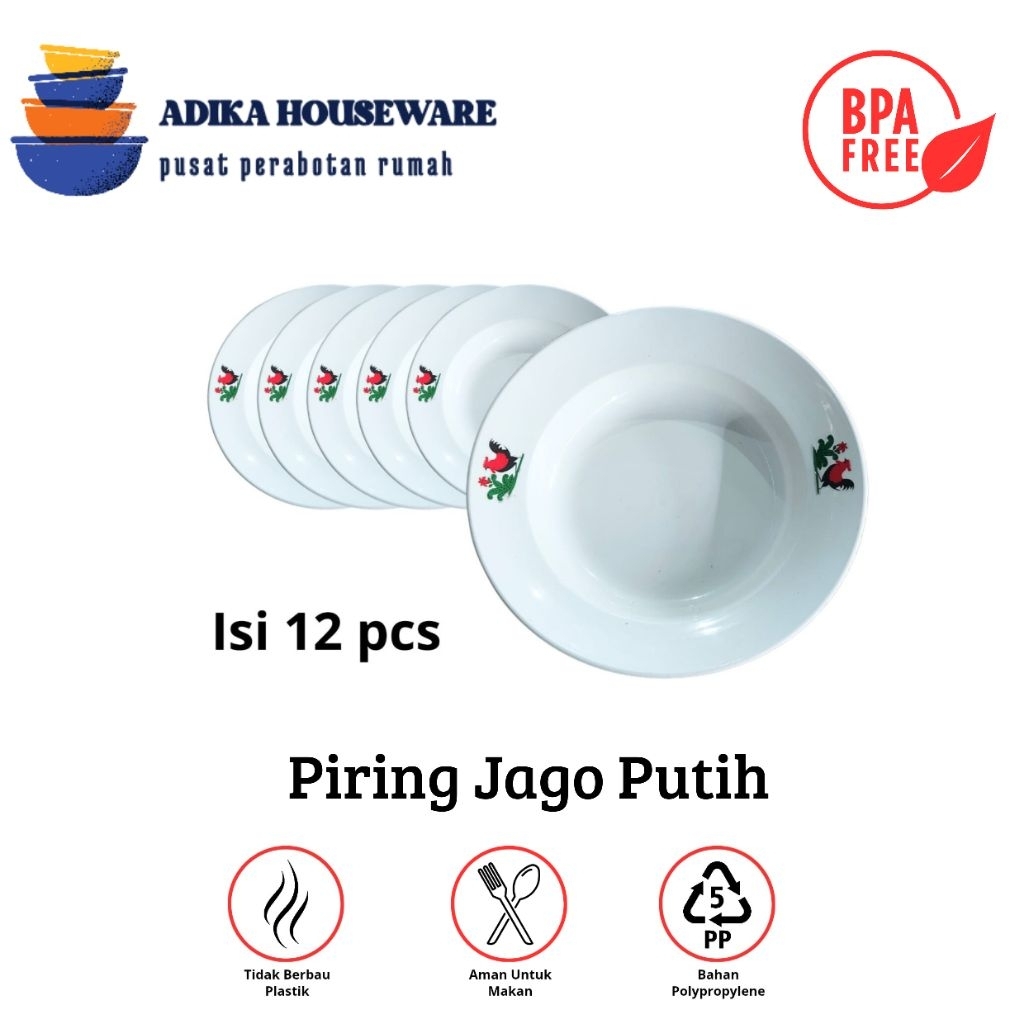 (12 PCS) Piring Makan Plastik - Piring Makan Plastik  Motif Jago Putih - Piring 9 Jago Putih