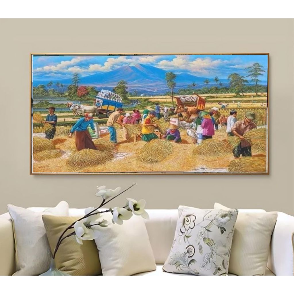Lukisan Pemandangan Panen Padi Raya 3D Ukuran Besar Lukisan Dinding Modern