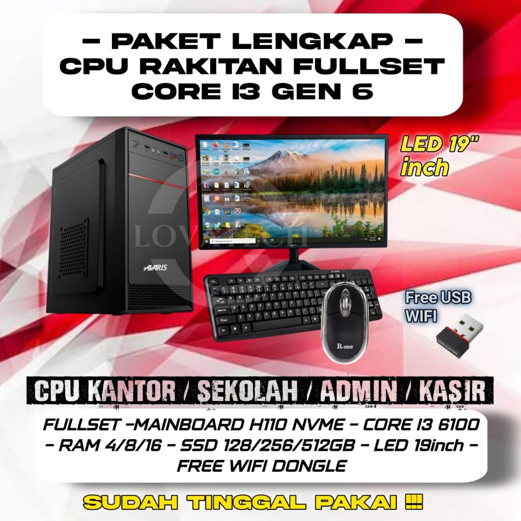PC KOMPUTER FULLSET CORE I3 GEN 6 RAM 16GB SSD 512GB + MONITOR 19 INCH BARU