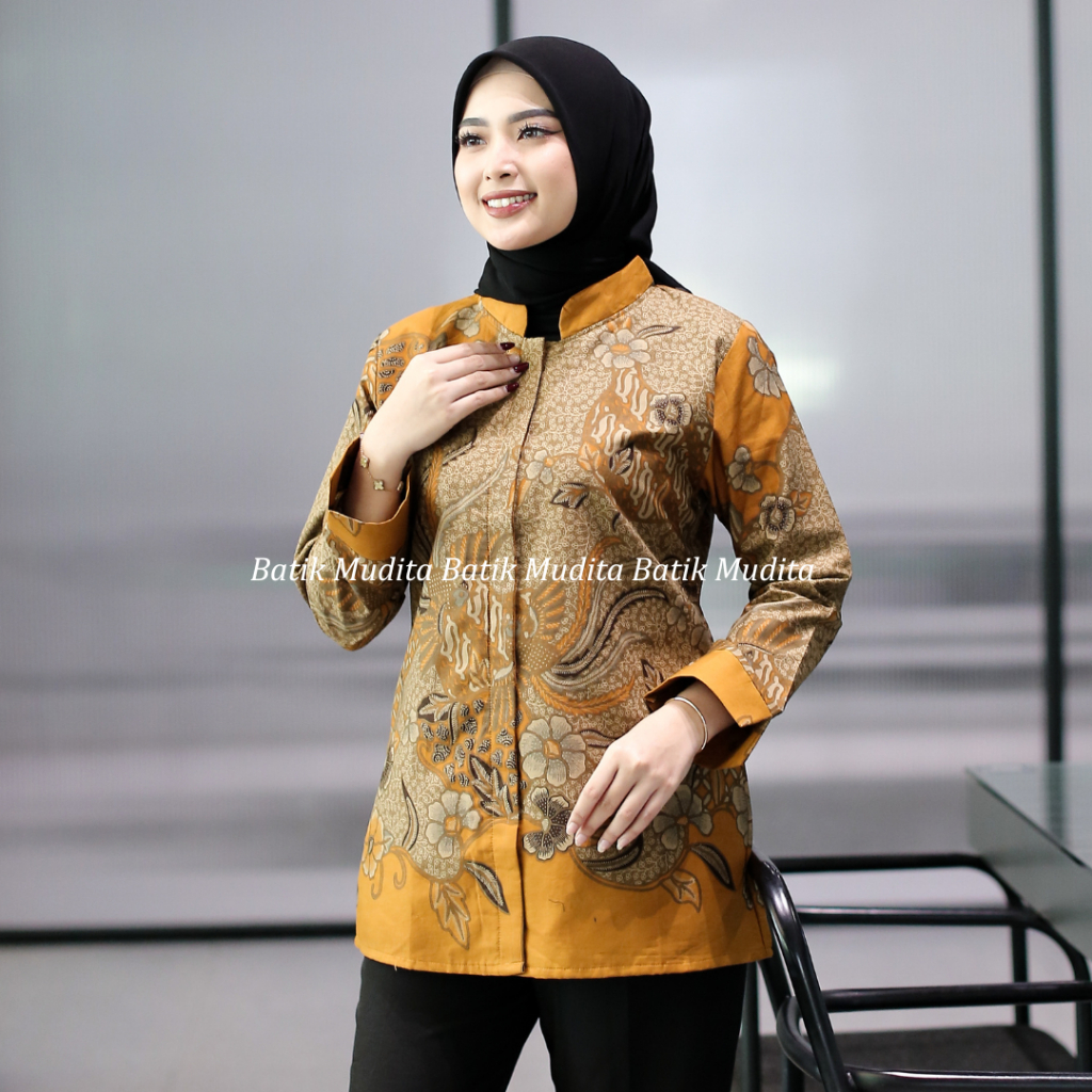 Batik Mudita Motif Kalista Batik Wanita Modern Lengan Panjang Lapis Trikot Katun Printing Halus Solo