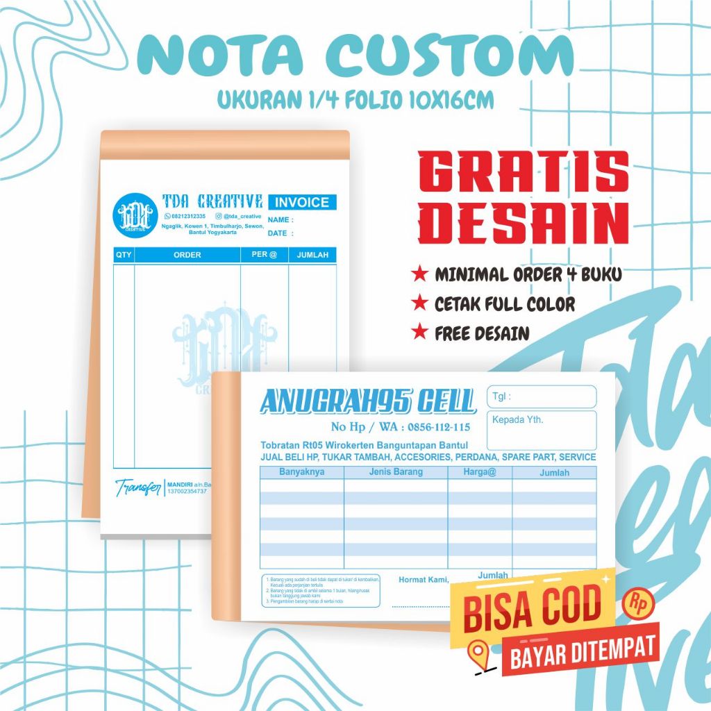 

Nota custom 2ply 1/4 folio | cetak nota toko bengkel konter olshop murah bahan NCR