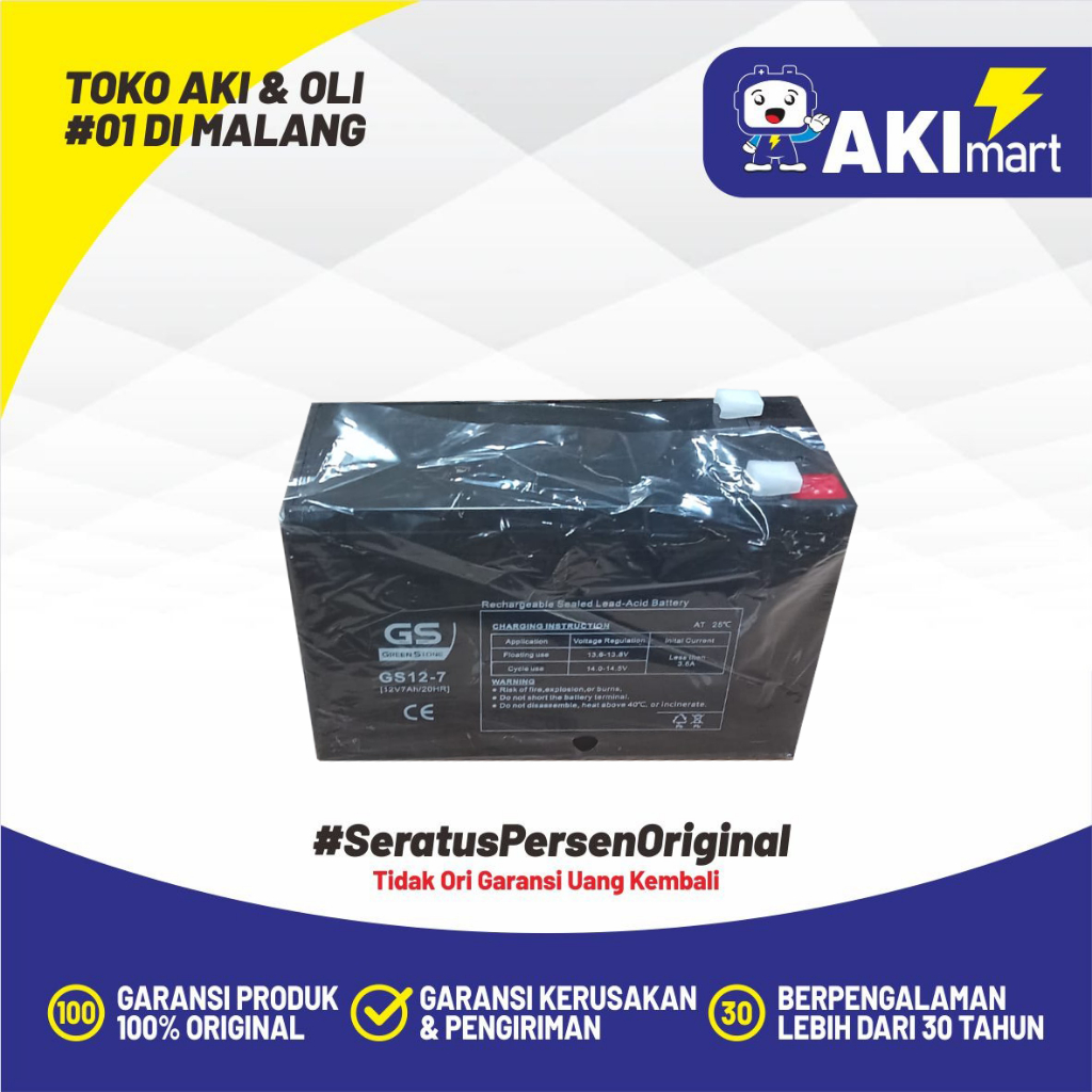 Aki Sepeda Listrik GS 12-7 Green Stone 12V 7Ah siap pakai