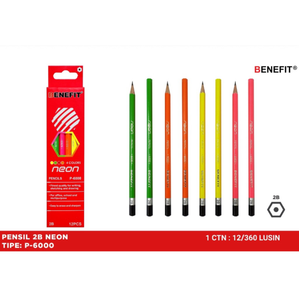 

(1 pc) pensil 2B benefit P-6000 neon / pensil 2B / pensil murah / pensil