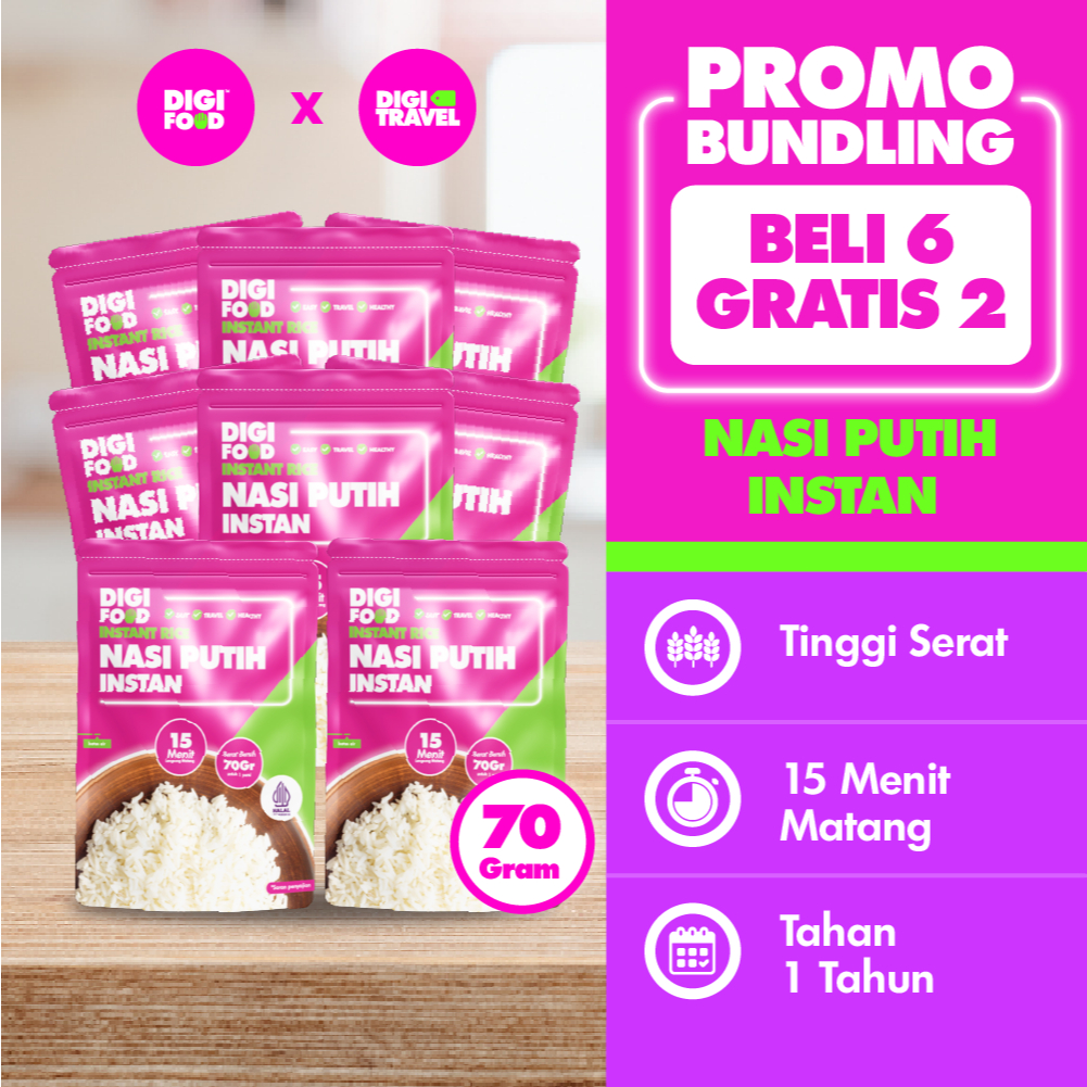 

DIGITRAVEL Nasi Putih Instan 200gr – Promo Hemat Beli 6 Dapat 8
