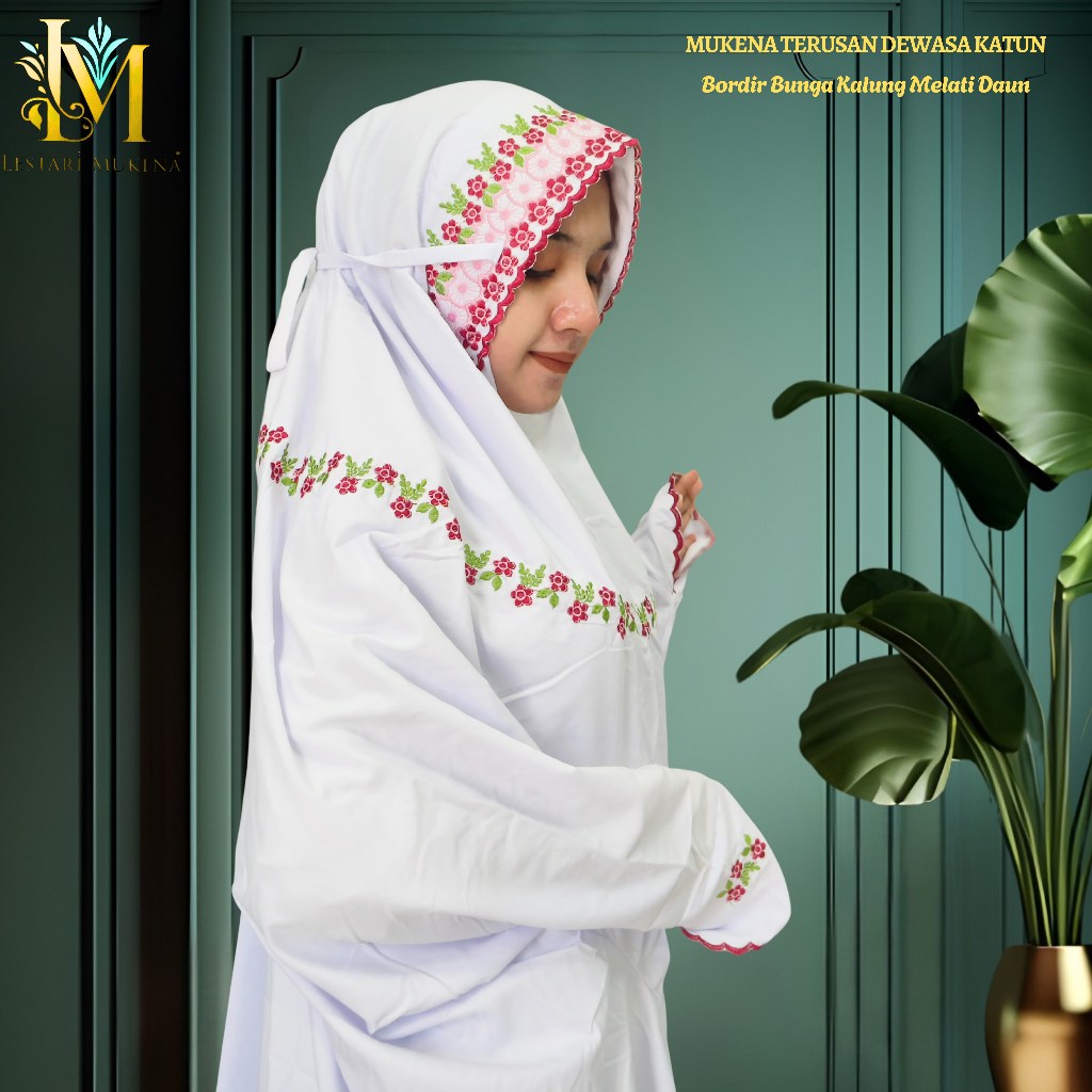 Mukena Dewasa Terusan Bahan Katun Polino Motif Bordir Bunga Kalung Melati