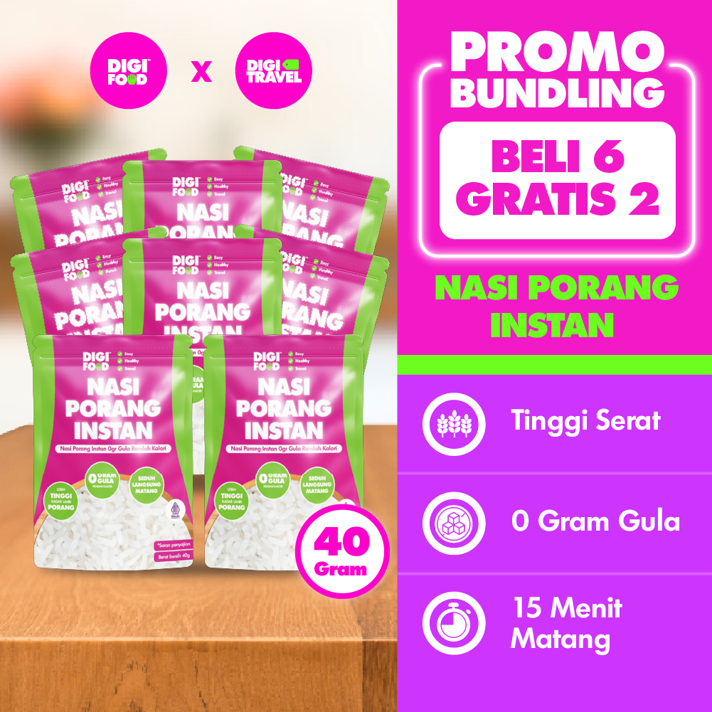 

DIGITRAVEL Nasi Beras Porang Instan 40gr – Promo Spesial Outdoor & Diet Friendly Beli 6 Gratis 2