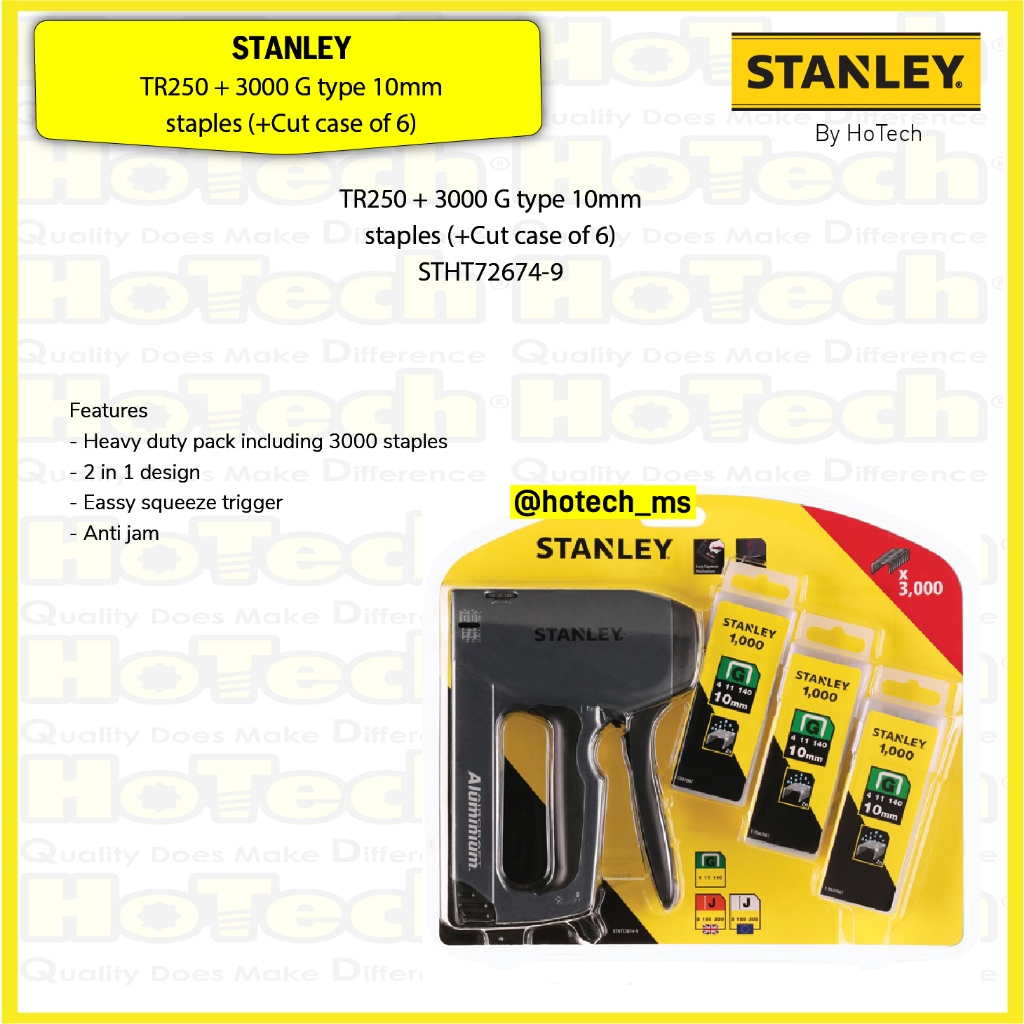 

Stanley TR250 + 3000 G Type 10mm Staples (+Cut Case of 6) STHT72674-9 | Sharpshooter Heavy-Duty Staple Gun