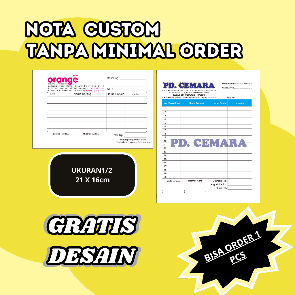 

Nota Custom Tanpa Minimal Order ukuran 1/2 | Nota 1 Ply | Nota 2 Ply